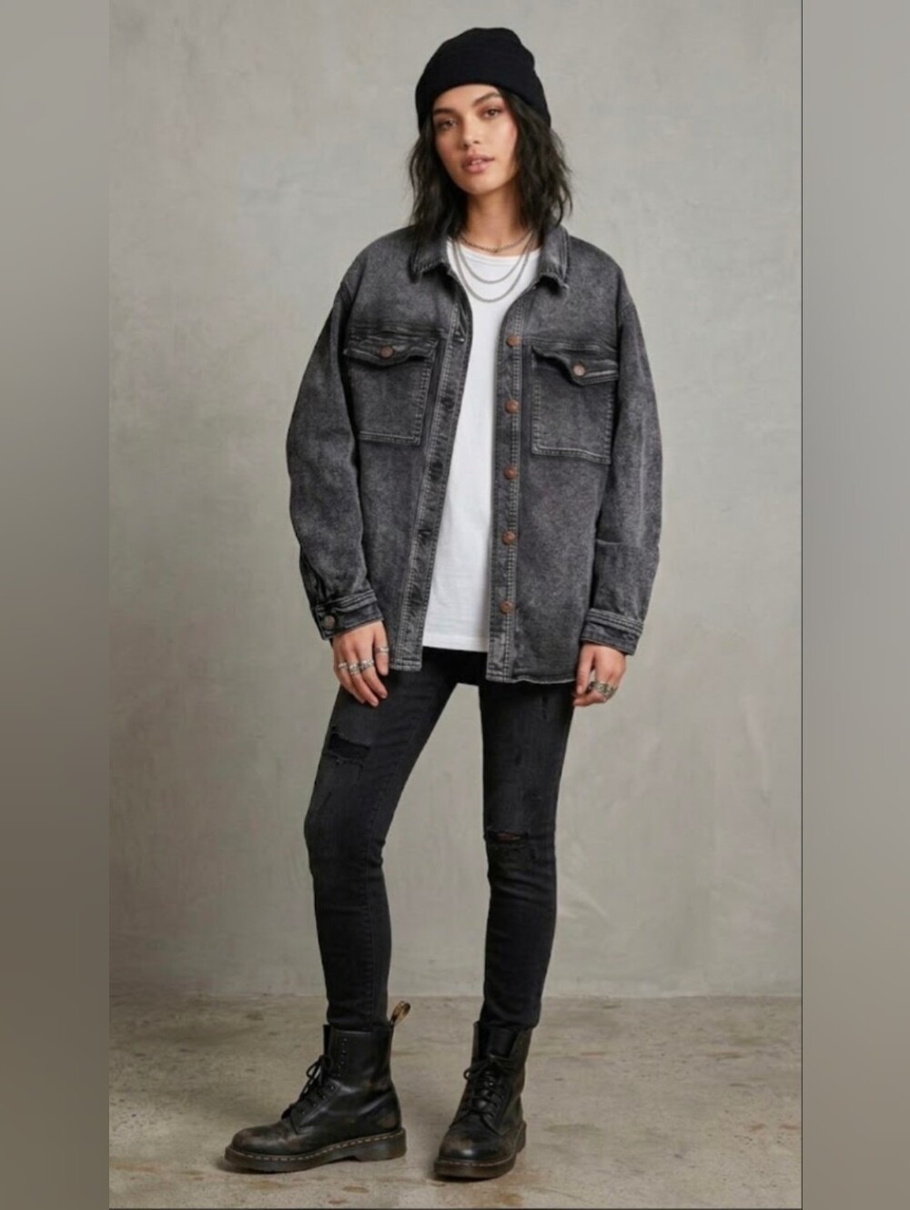 Urban Daizy Acid Wash Black Denim Jacket Oversized Shacket, MED., Fits L/XL